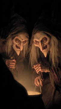 Two ancient crones with wrinkled faces and long white hair intensely stir a glowing cauldron in a dark, mystic setting, concocting an eerie potion with gnarled hands for a spooky magic ritual.