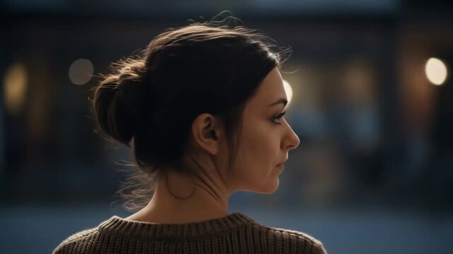 Woman with a bun touching her head, gazing at softly lit background in an urban setting