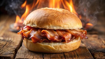Bacon Butty – soft bread roll stacked with sizzling bacon strips, smoky aroma.