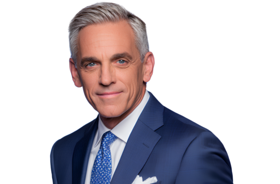 Photo of the TV host with gray hair, wearing a navy suit and white shirt. He is smiling slightly at the camera and standing on a transparent background.