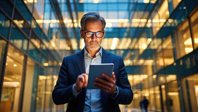 A Thoughtful Businessman Engaged in Digital Communication Within a Modern Architectural Workspace, Illuminated by Ambient Lighting