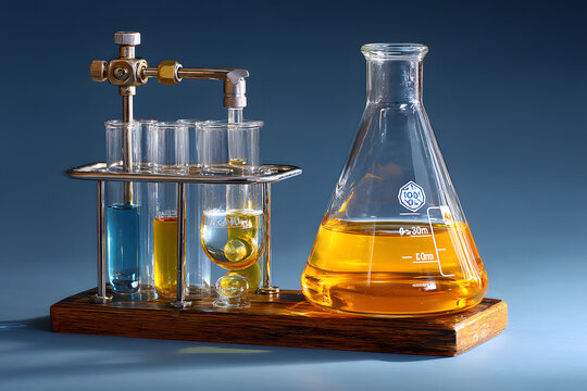 A titration setup with a burette and a conical flask