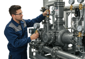 Industrial technician adjusting machinery in a factory mechanical engineering professional environment. Cut out PNG