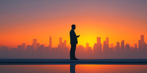 Fototapeta premium Businessman standing on balcony with phone, city skyline view