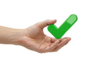 Hand holding green check mark symbol business context positive feedback concept of approval. Cut out PNG