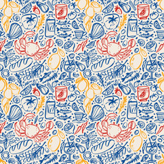 Sunny Coast Cuisine &ndash; Mediterranean Seafood, Wine and Caf&eacute; Doodle stile seamless Pattern