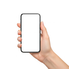 A clean and versatile shot of a woman's hand holding a smartphone with a blank white screen, isolated on a pure white background copy