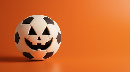 Soccer ball with Jack-o'-Lantern face carved on it on a table with an orange background