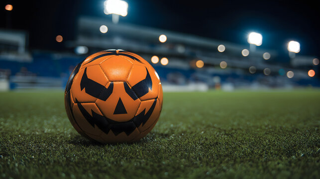 Soccer ball with a Jack-o'-Lantern face carved into the grass of a stadium