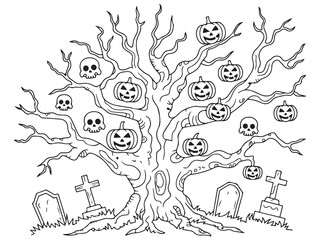 Fototapeta premium Haunted Halloween Tree with Pumpkins and Skulls – Black and White Illustration