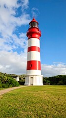 Tall lighthouse with red and white stripes