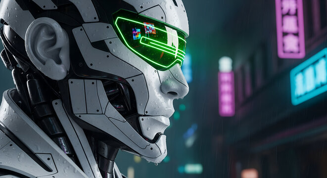 Futuristic robot in rainy city with neon lights illustration