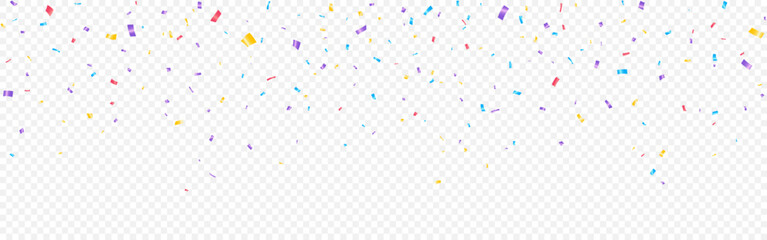 Colorful confetti pieces. Serpentine falling from the top on transparent background. Color decoration for celebration, party or festive design. Carnival elements. Vector Illustration.