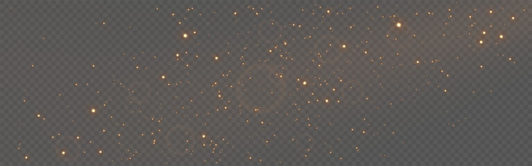 Golden glitter particles floating on transparent background. Christmas magic dust with light. Soft warm glow for luxury design. Overlay gold sparks. Elegant festive decoration. Vector Illustration.