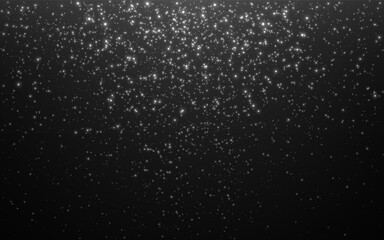 Silver glitter texture. Shiny particles on dark gradient background. Christmas shimmer effect. Magic holiday sparkles. Festive falling confetti. White sparkling dust. Vector Illustration.