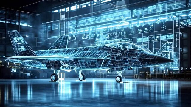 Advanced fighter jet materializes as a holographic projection inside a technologically advanced hangar, showcasing innovative design and engineering