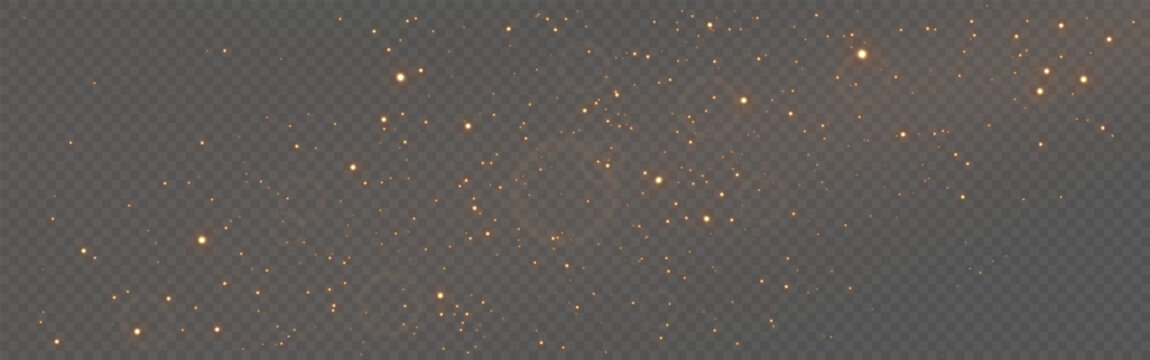 Golden glitter particles floating on transparent background. Christmas magic dust with light. Soft warm glow for luxury design. Overlay gold sparks. Elegant festive decoration. Vector Illustration.