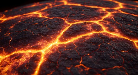 The molten texture of the planet's surface. Featuring the raw and powerful energy of natural forces. The cracks are glowing with an intense orange light. The dark, rough.