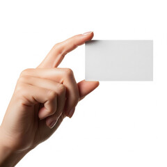 Obraz premium A clean, horizontal studio shot of a woman's hand holding a blank business card against a pure white background copy