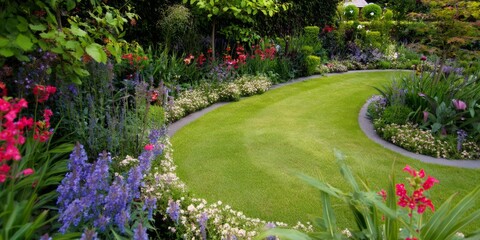 Obraz premium A serene summer landscape with a vibrant flower bed in a garden, a tree, and a pond under a blue sky