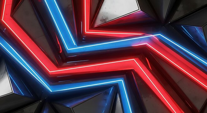 Bold geometric background with sharp blue and red neon shapes, glowing edges, futuristic abstract digital style, photorealistic high-resolution details.