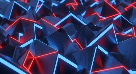 Bold geometric background with sharp blue and red neon shapes, glowing edges, futuristic abstract digital style, photorealistic high-resolution details.
