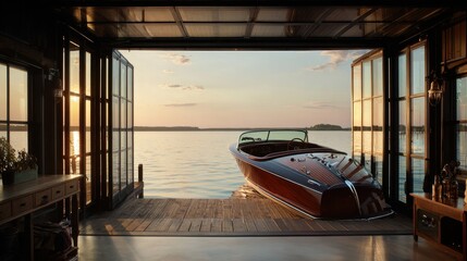 Docked wooden boat gleams at sunset from open boathouse, lake and trees horizon