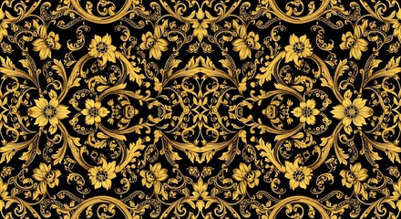 Ornate gold floral pattern on black background