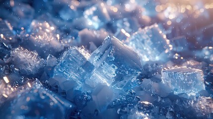 Fototapeta premium Close-up view of numerous, intricate ice crystals, showcasing a striking array of shades of blue and clear light.