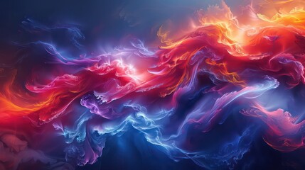 Obraz premium A vibrant, dynamic abstract design features swirling, fluid forms of vibrant red, purple, and blue hues against a dark background, creating a captivating, otherworldly atmosphere.