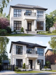 Two-story, white, modern house, front view, split image