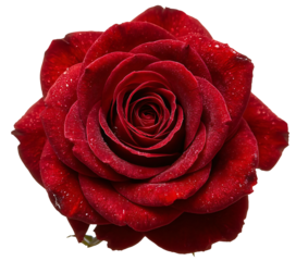 Dewy red rose close-up, dark background, romantic
