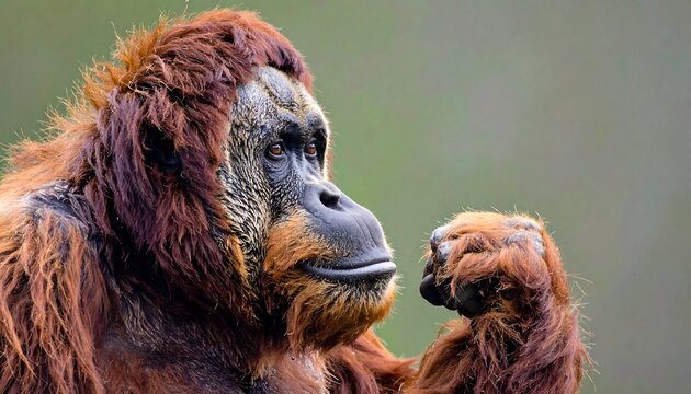 A thoughtful profile portrait of a powerful male orangutan flexing its muscular arm