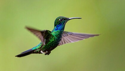 Fototapeta premium A stunning close-up of an iridescent green and blue hummingbird frozen in flight