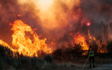 Firefighter Stands Before a Wall of Flames at Intense Wildfire
