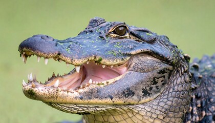 Close-up Portrait of an Alligator's Snapping Jaws Open in a Swampy Environment