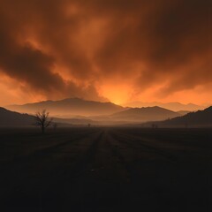 Obraz premium Sunrise and sunset paint the vast desert sky with vibrant red, orange, and yellow hues over the tranquil landscape of mountains and sand