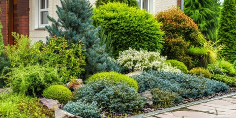 A beautiful home garden features a path winding through a summer landscape of diverse cacti and other vibrant plants and flowers