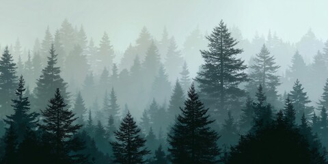 Obraz premium Minimalist forest background featuring stylized pine trees and a light fog. Clean and serene design, sense of tranquility and natural beauty, perfect for a modern and calming backdrop.