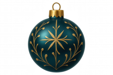 Teal glass ornament featuring golden snowflake pattern, delicate floral details, hanging against transparent backdrop for festive design needs