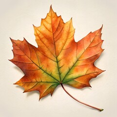 High-resolution digital illustration of a single autumn maple leaf in warm hues of orange, red, and green. Detailed leaf texture and natural shading, isolated on a subtle beige background. Ideal for s
