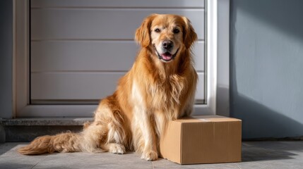 Friendly golden retriever dog sitting in front of a house entrance next to a sealed cardboard box in natural sunlight.