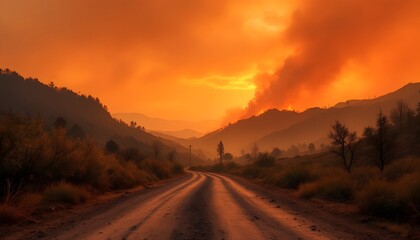Naklejka premium Driving an empty country highway at sunset, the sun dips below the mountains, painting the sky with warm colors