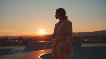 Fototapeta premium woman in pink suit watching sunset at skatepark 