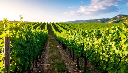 Obraz premium Vineyard rows stretching to a horizon under a golden sunset