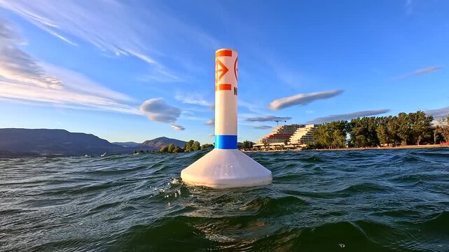 Buoy floating in water with city, tree, blue sky and mountain background