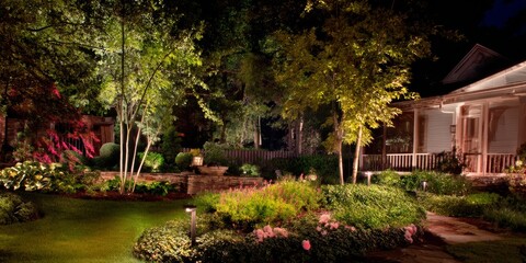 Obraz premium A beautiful house in a vibrant garden, with a stone path leading through the trees and down to the river