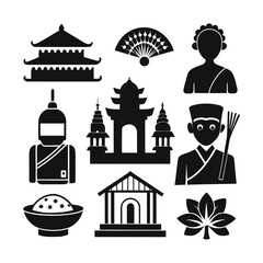 East Asian Culture  Simple Black Glyph Icons,  Serene Minimalist Style.