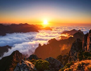 Sunrise over mountain peaks shrouded in clouds