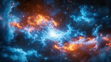 Obraz premium A vibrant display of cosmic nebulae, showcasing a breathtaking blend of fiery orange and icy blue hues against a backdrop of countless stars.